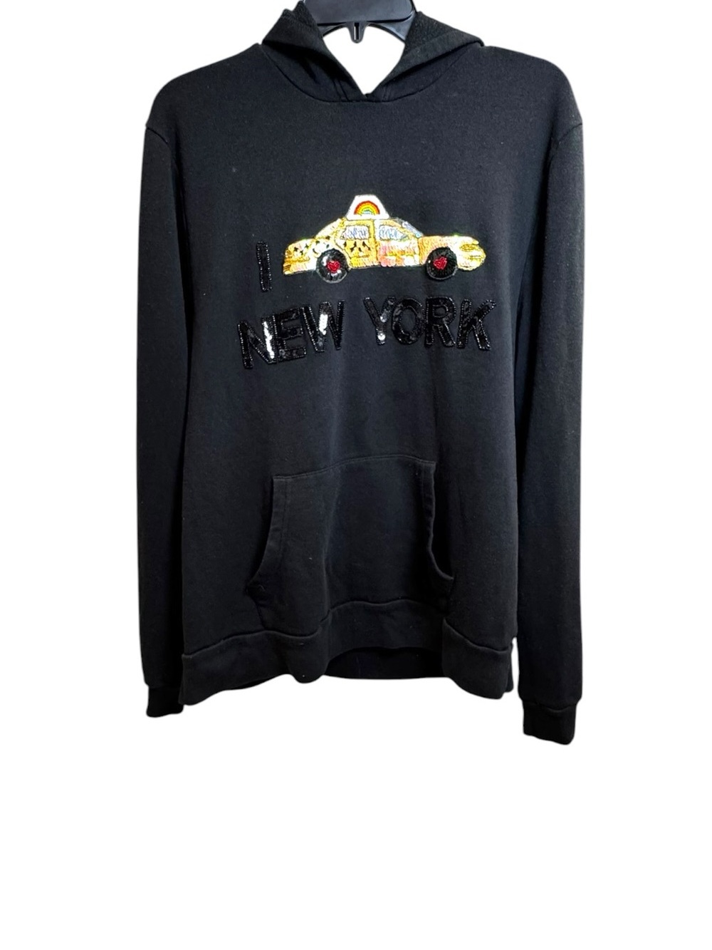 Bow & Drape NYC Taxi Sequin Hoodie — Black — Size Large